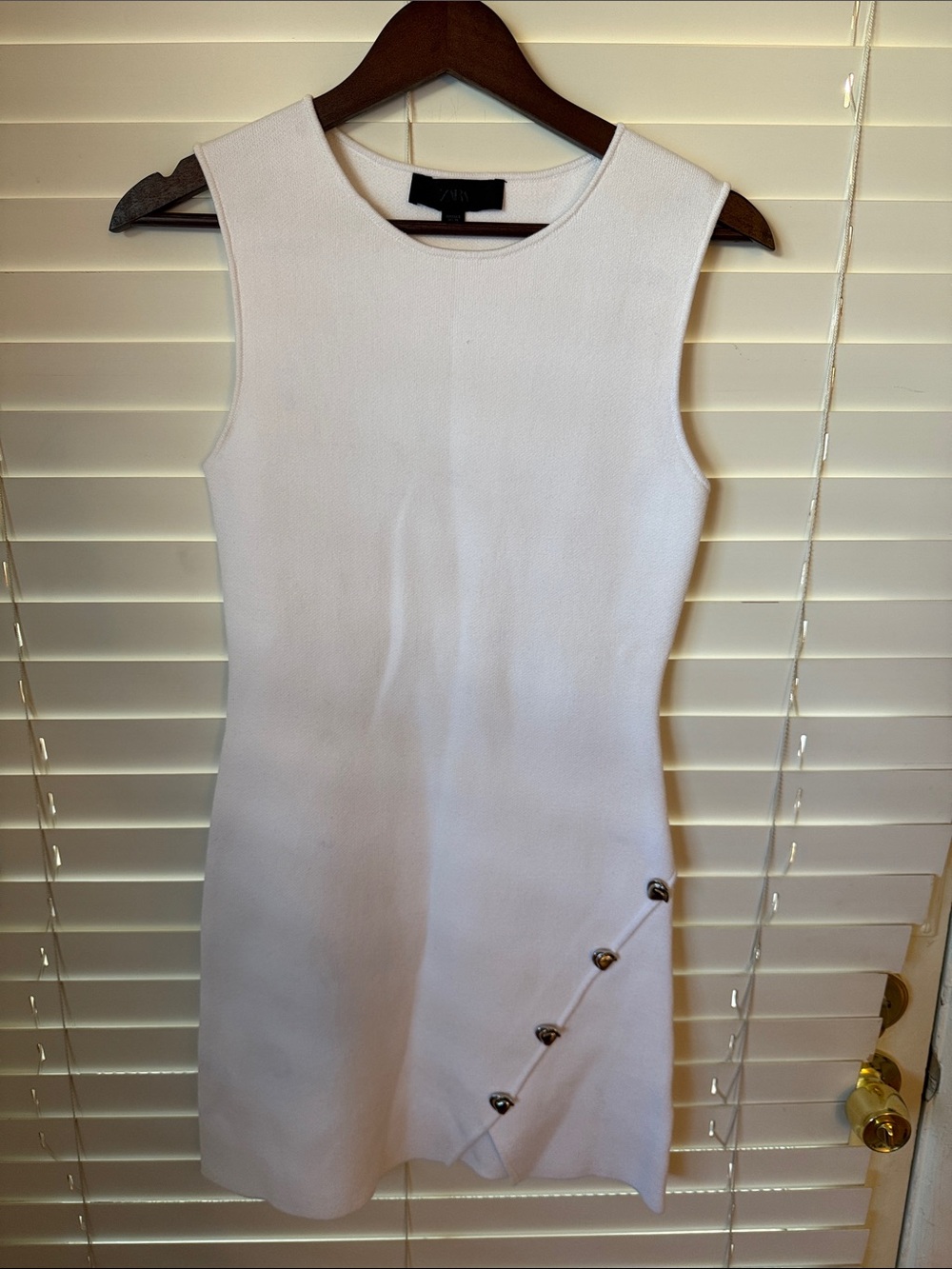 Zara White Sleeveless Mini Dress with Diagonal Button Detail